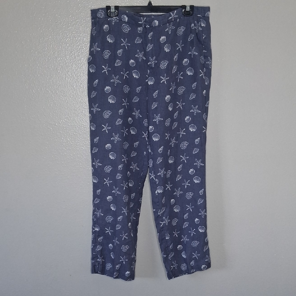 Coldwater Creek Coastal Seashell Blue Linen Pants Beachy Sz 14 Inseam 29.5"